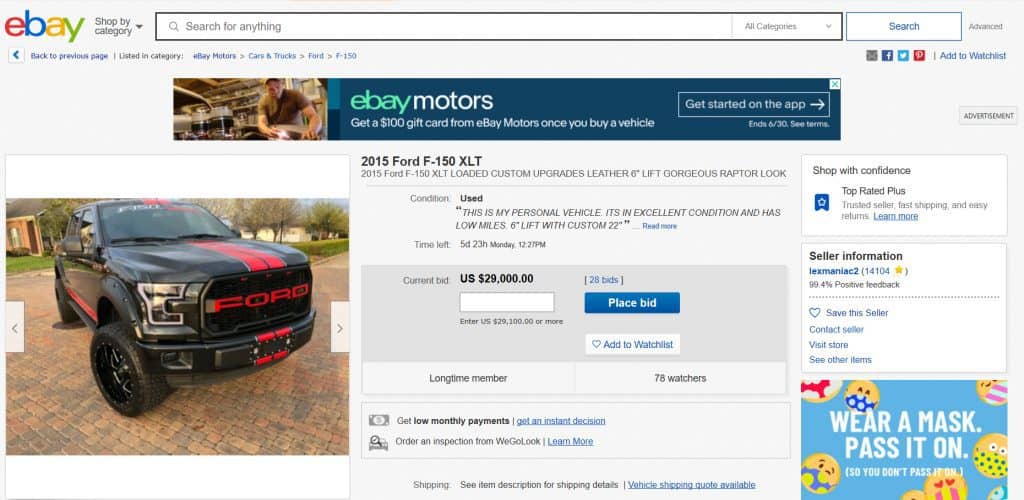 Screenshot from an eBay Motors listing for s used Ford F-150 XLT